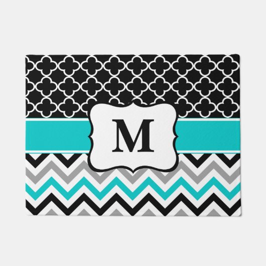 Blauwgroen Clover Chevron Monogram Deurmat (Voorkant)