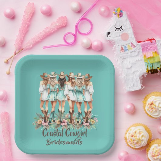 Blauwgroen Coastal Cowgirl Bruidsmeisjes Plein Bor Papieren Bordje (Feest)
