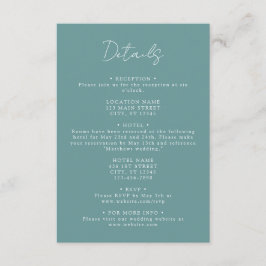 Blauwgroen coördinaat bruiloft details informatiekaartje