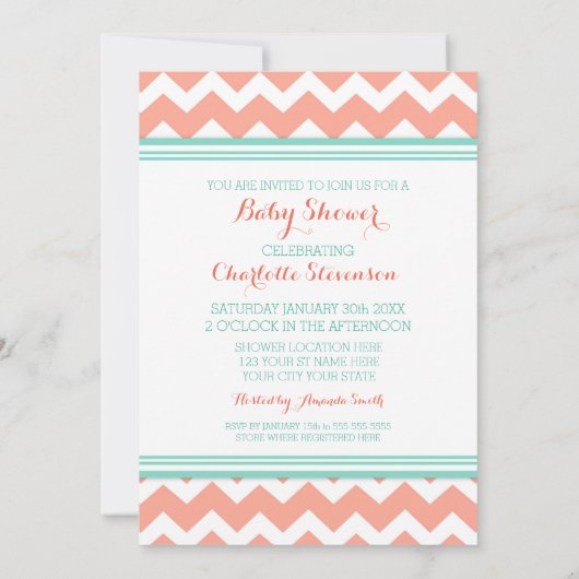 Blauwgroen Coral Chevron Custom Baby Shower-uitnod Kaart (Achterkant)