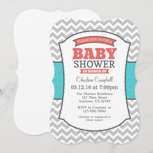 Blauwgroen Coral Gray Chevron Baby shower Kaart (Voorkant / Achterkant)