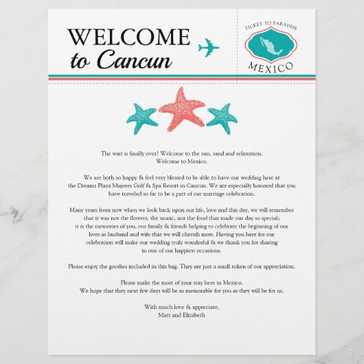 Blauwgroen Coral Mexico Wedding Welcome Letter (Voorkant)
