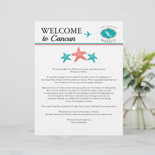 Blauwgroen Coral Mexico Wedding Welcome Letter (Staand voorkant)