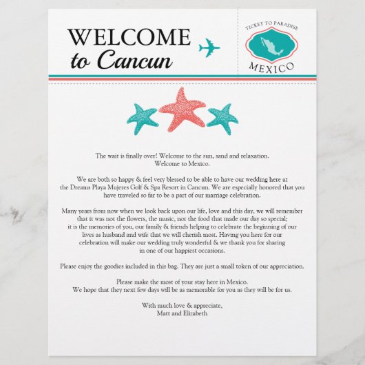 Blauwgroen Coral Wedding Welcome Letter voor Mexic (Voorkant)
