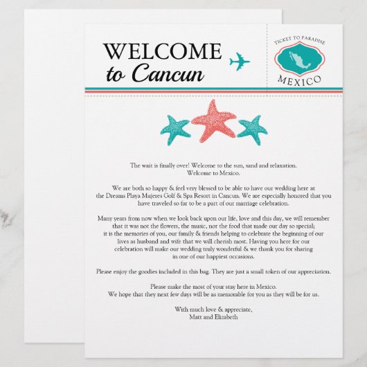 Blauwgroen Coral Wedding Welcome Letter voor Mexic (Voorkant / Achterkant)