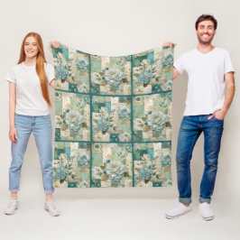 Blauwgroen Cottagecore  Bloemen Quilt Patroon Fleece Deken
