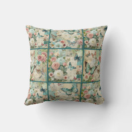Blauwgroen Cottagecore  Bloemen Quilt Patroon Kussen
