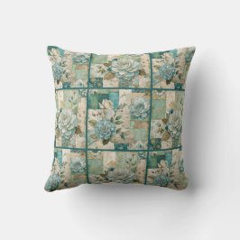 Blauwgroen Cottagecore  Bloemen Quilt Patroon Kussen