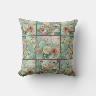 Blauwgroen Cottagecore Bloemen Quilt Patroon Kussen