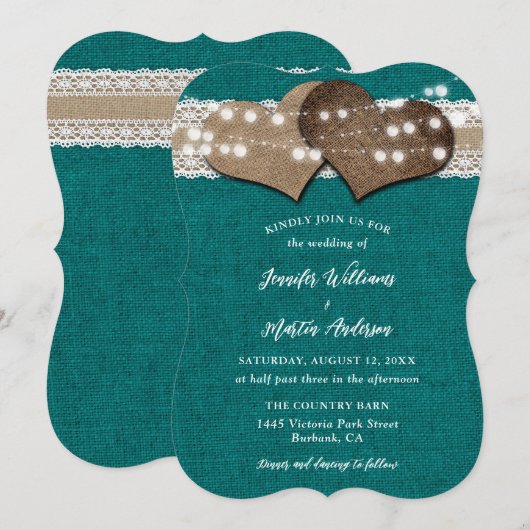 Blauwgroen Country Burlap Lace String Lights Weddi Kaart (Voorkant / Achterkant)