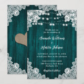 Blauwgroen Country Wood Bloemen Kant Lichten Trouw Kaart (Voorkant / Achterkant)