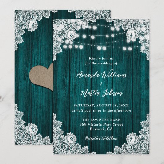 Blauwgroen Country Wood Bloemen Kant Lichten Trouw Kaart (Voorkant / Achterkant)
