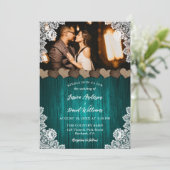 Blauwgroen Country Wood Burlap Bloemen Kant Foto H Kaart (Staand voorkant)