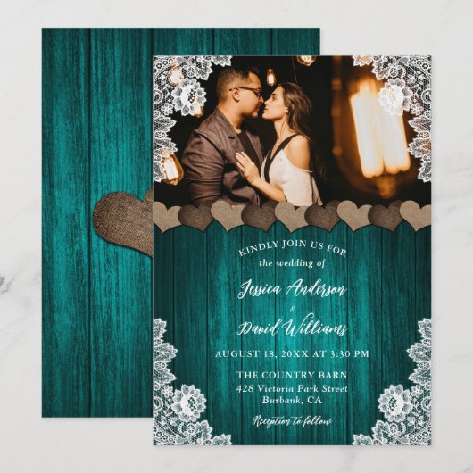 Blauwgroen Country Wood Burlap Bloemen Kant Foto H Kaart (Voorkant / Achterkant)