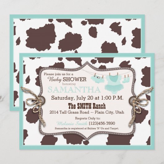 Blauwgroen Cowgirl Baby shower Tutu Kaart (Voorkant / Achterkant)