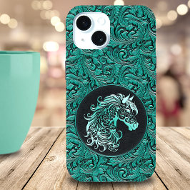 Blauwgroen cowgirl bloemengereedschap lederen paar iPhone 15 case