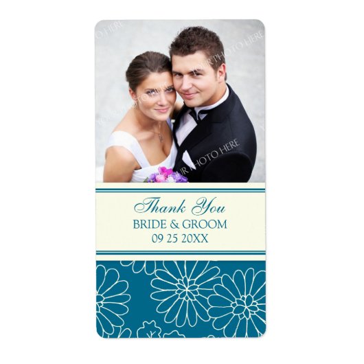 Blauwgroen Cream Floral Foto Trouwlabels Etiket (Voorkant)