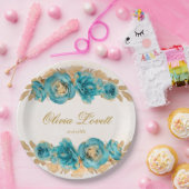 Blauwgroen Creamy Gold Waterverf Florals Vrijgezel Papieren Bordje (Feest)