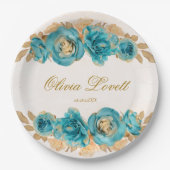 Blauwgroen Creamy Gold Waterverf Florals Vrijgezel Papieren Bordje (Voorkant)