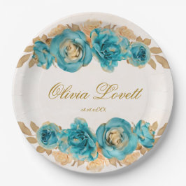 Blauwgroen Creamy Gold Waterverf Florals Vrijgezel Papieren Bordje