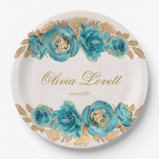 Blauwgroen Creamy Gold Waterverf Florals Vrijgezel Papieren Bordje (Voorkant)