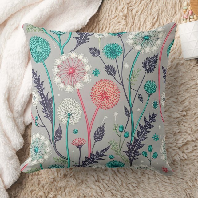 Blauwgroen & Crimson Dandelion Dream – Gestileerde Kussen (Deken)