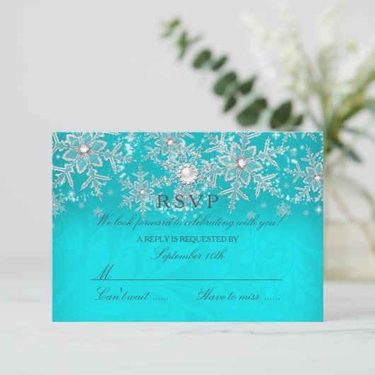 Blauwgroen Crystal Pearl Sneeuwvlok Zilver Winter  RSVP Kaartje (Staand voorkant)