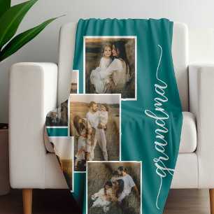 Blauwgroen Custom Grandma Grandkid 5 Fotocollage Fleece Deken