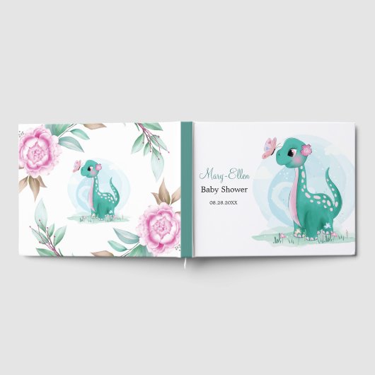 Blauwgroen Cute Dinosaur met Butterfly Baby shower Gastenboek (Volledig)