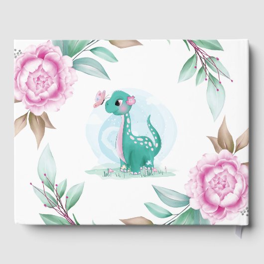 Blauwgroen Cute Dinosaur met Butterfly Baby shower Gastenboek (Achterkant)