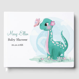 Blauwgroen Cute Dinosaur met Butterfly Baby shower Gastenboek