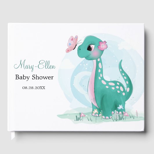 Blauwgroen Cute Dinosaur met Butterfly Baby shower Gastenboek (Voorkant)