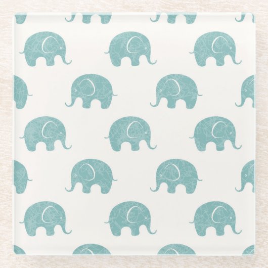 Blauwgroen Cute Elephant Patroon Glazen Onderzetter (Voorkant)