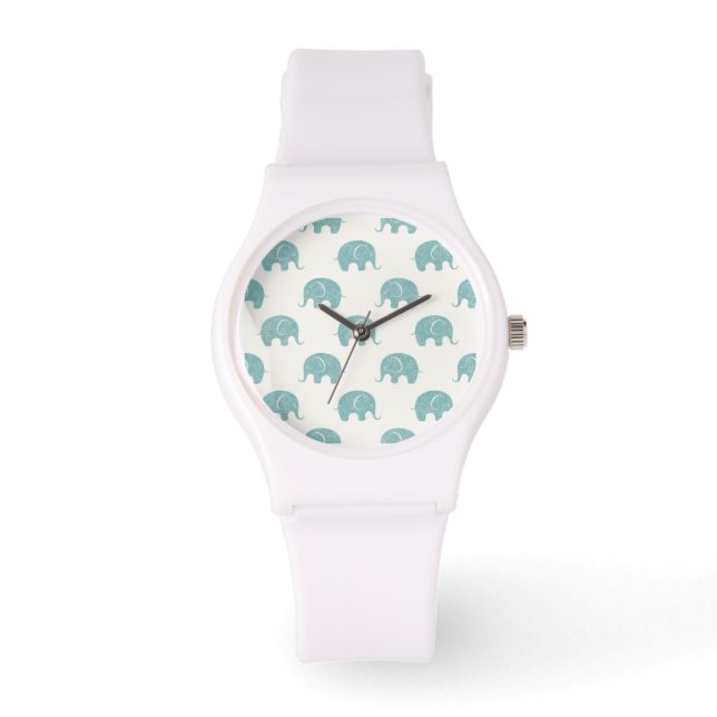 Blauwgroen Cute Elephant Patroon Horloge (Voorkant)