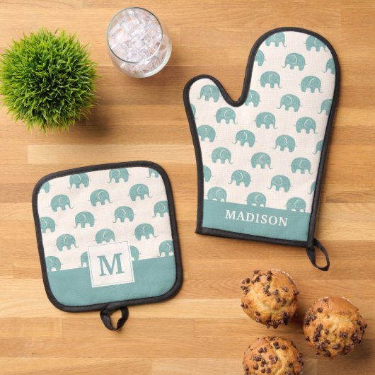 Blauwgroen Cute Elephant Patroon Ovenwant & Pannenlap Set (Top down)