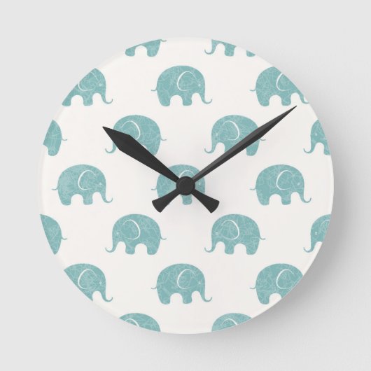 Blauwgroen Cute Elephant Patroon Ronde Klok (Voorkant)