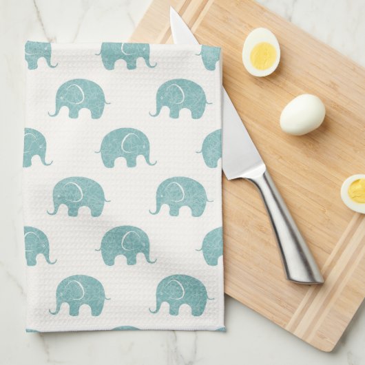 Blauwgroen Cute Elephant Patroon Theedoek (Quarter Fold)