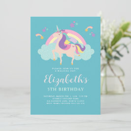 Blauwgroen | Cute Rainbow Unicorn Personated Birth Kaart