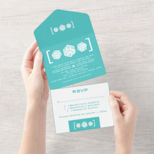 Blauwgroen D20-dijgamer in één bruiloft All In One Uitnodiging