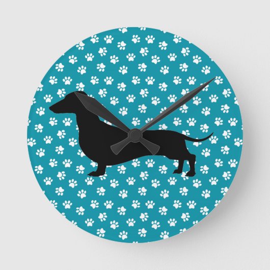 Blauwgroen Dachshund Silhouette Wall klok (Voorkant)