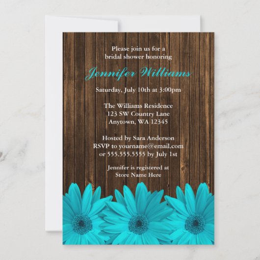 Blauwgroen Daisy Barn Wood Bridal Shower Invitatio Kaart (Voorkant)
