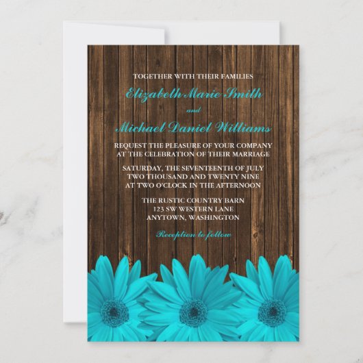 Blauwgroen Daisy Barn Wood Wedding Invitations Kaart (Voorkant)