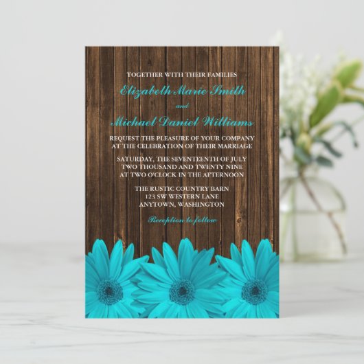 Blauwgroen Daisy Barn Wood Wedding Invitations Kaart (Staand voorkant)
