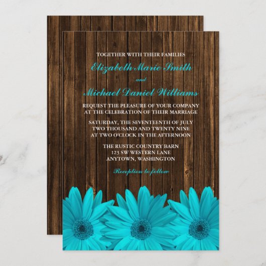 Blauwgroen Daisy Barn Wood Wedding Invitations Kaart (Voorkant / Achterkant)