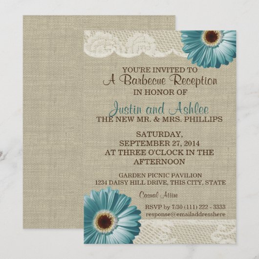 Blauwgroen Daisy en Burlap BBQ bruiloft receptie Kaart (Voorkant / Achterkant)