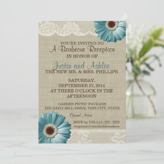 Blauwgroen Daisy en Burlap BBQ bruiloft receptie Kaart (Staand voorkant)