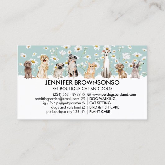 Blauwgroen Daisy Flowers Waterverf Honden Visitekaartje (Achterkant)