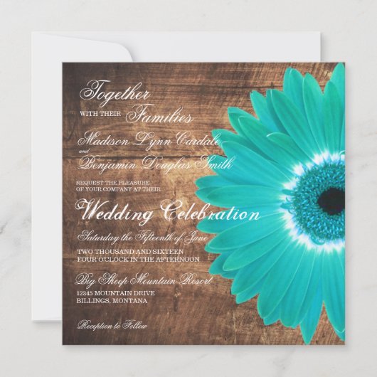 Blauwgroen Daisy Rustic Wood Wedding Invitations Kaart (Voorkant)