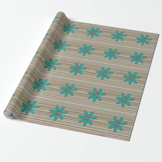 Blauwgroen Daisy Wrapping Paper Cadeaupapier (Uitgerold)