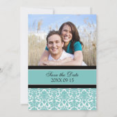 Blauwgroen Damasfoto Weddenschap Sla de datumkaart Save The Date (Achterkant)